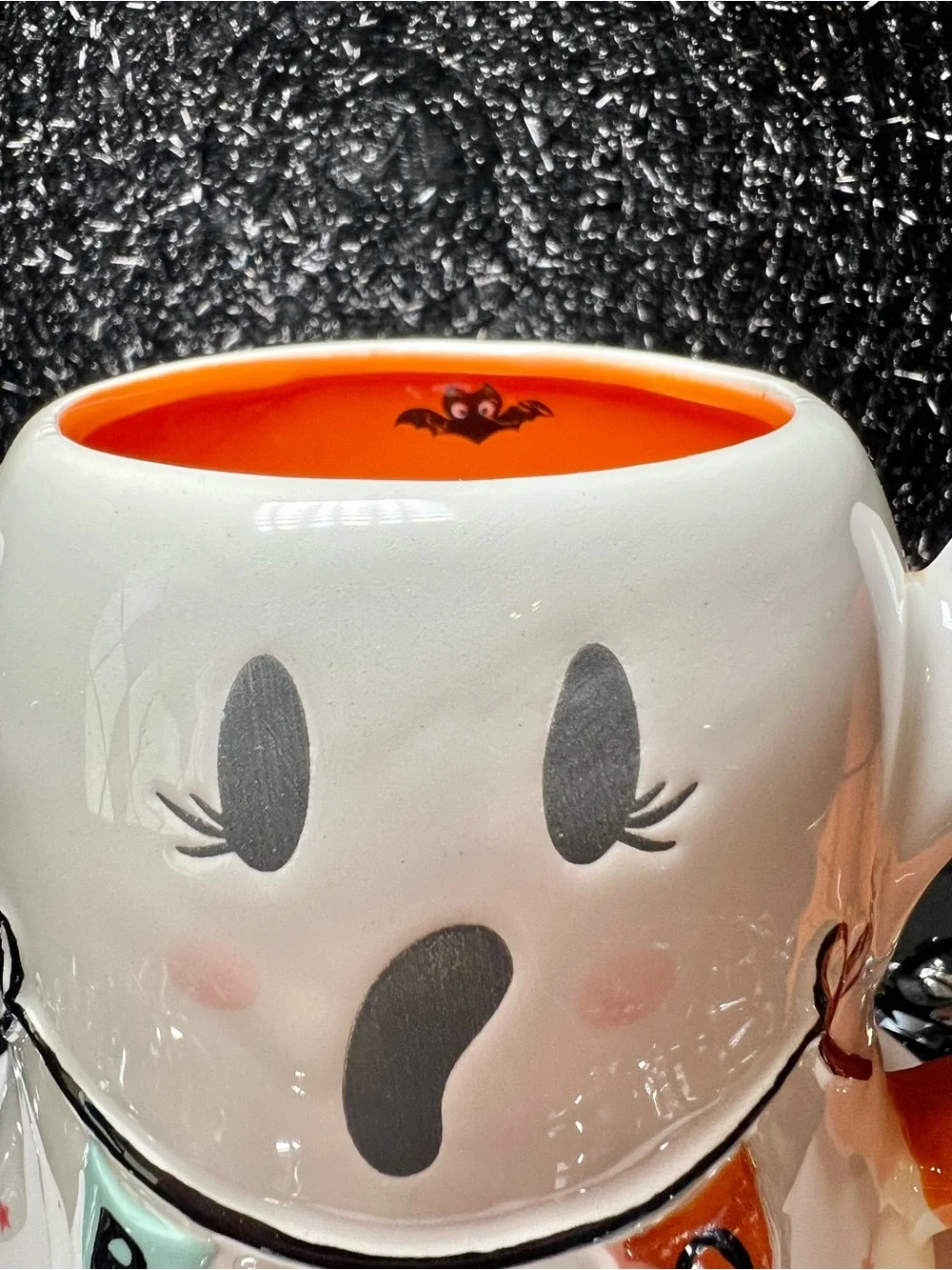 Halloween Ghost Ceramic Mug w/Boo Flag Banner Orange Handle Stars